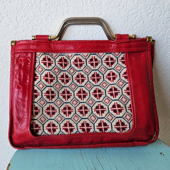 Vintage Handbags - Totepoint Toni Totes Vermont Vintage NeedlePoint Purse Bag Red Leather Retro 70s